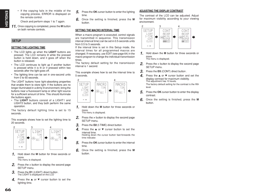 Marantz SR7001, SR8001 manual Setup, Setting the Macro Interval Time, Adjusting the Display Contrast 
