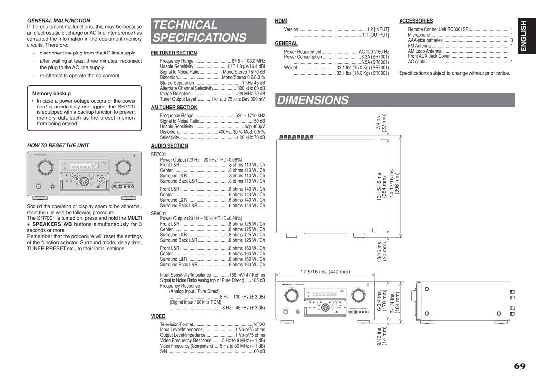 Marantz SR8001, SR7001 manual Technical Specifications, Dimensions 