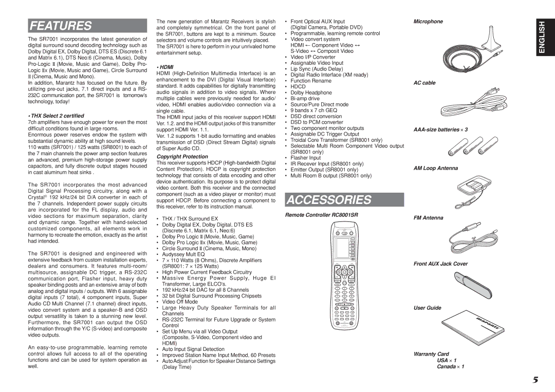 Marantz SR8001, SR7001 manual Features, Accessories, THX Select 2 certiﬁed, Copyright Protection, Remote Controller RC8001SR 