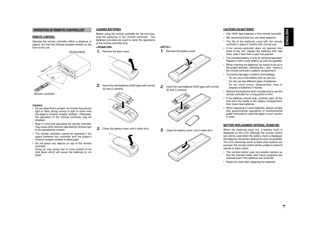 Marantz SR8002, SR7002 manual Operation of Remote Controller, Loading Batteries, Battery Replacement Interval RC8001SR 