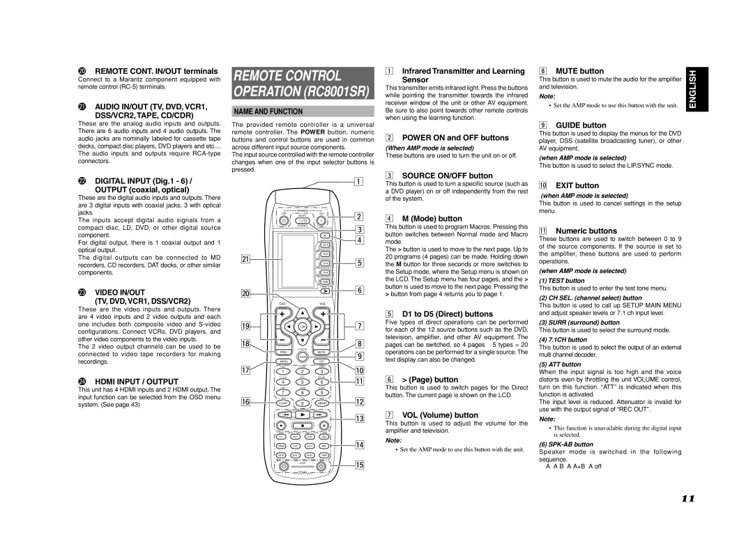 Marantz SR8002, SR7002 manual Remote Control, @1AUDIO IN/OUT TV, DVD, VCR1, DSS/VCR2, TAPE, CD/CDR, @4HDMI Input / Output 