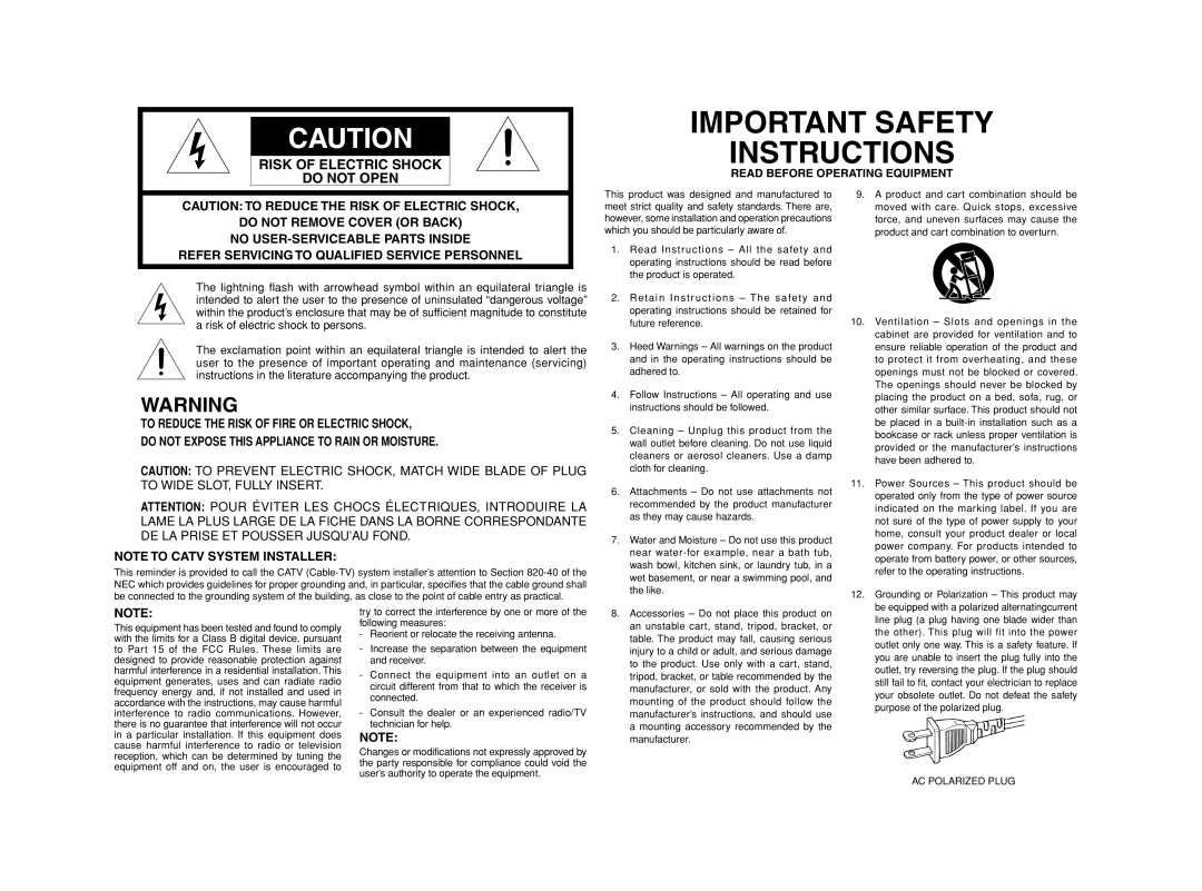 Marantz SR8002, SR7002 manual Read Before Operating Equipment, AC Polarized Plug 