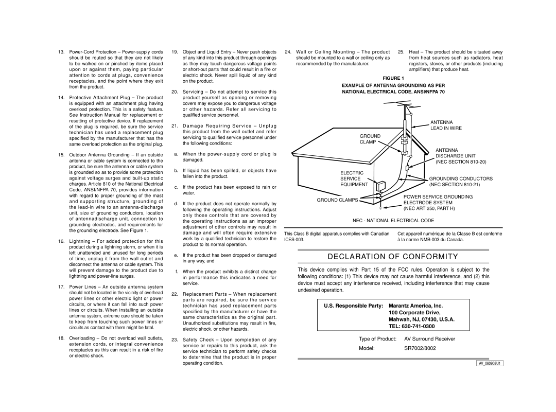 Marantz SR7002, SR8002 manual NEC National Electrical Code 