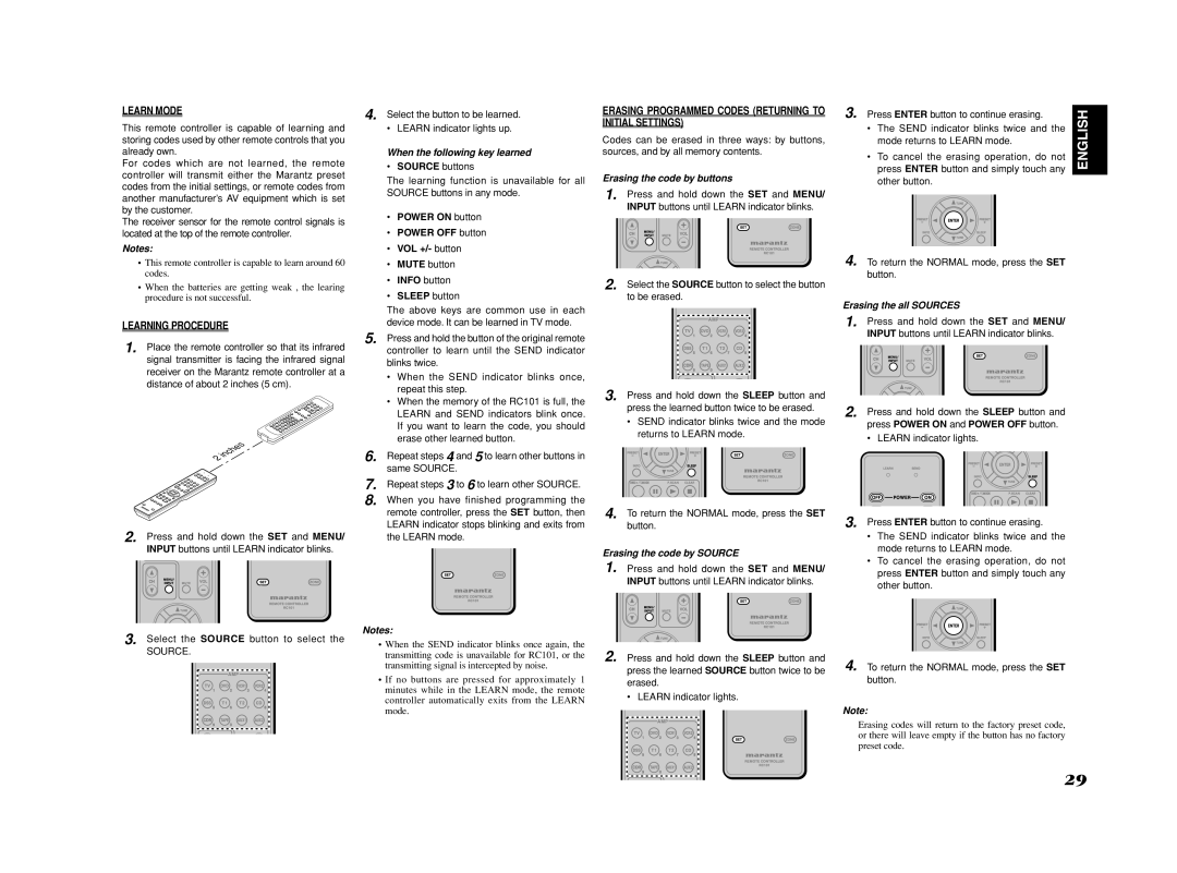 Marantz SR8002, SR7002 manual Learn Mode, Learning Procedure 