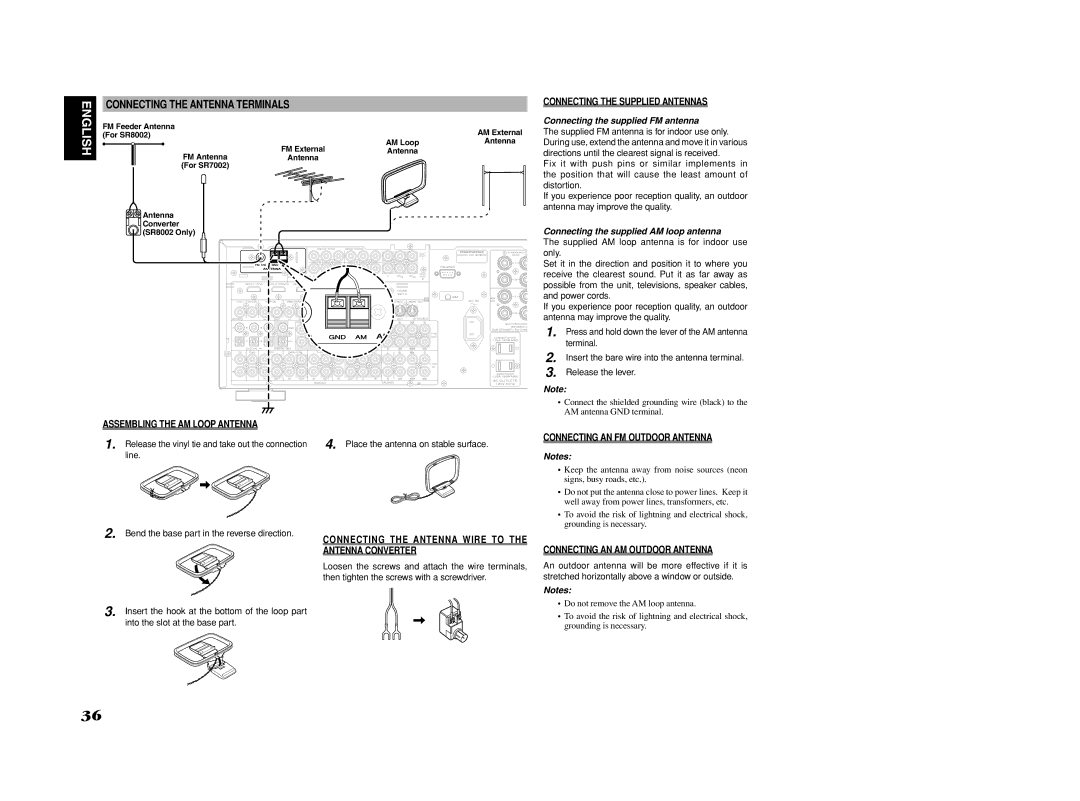 Marantz SR7002, SR8002 manual Connecting the Antenna Terminals 