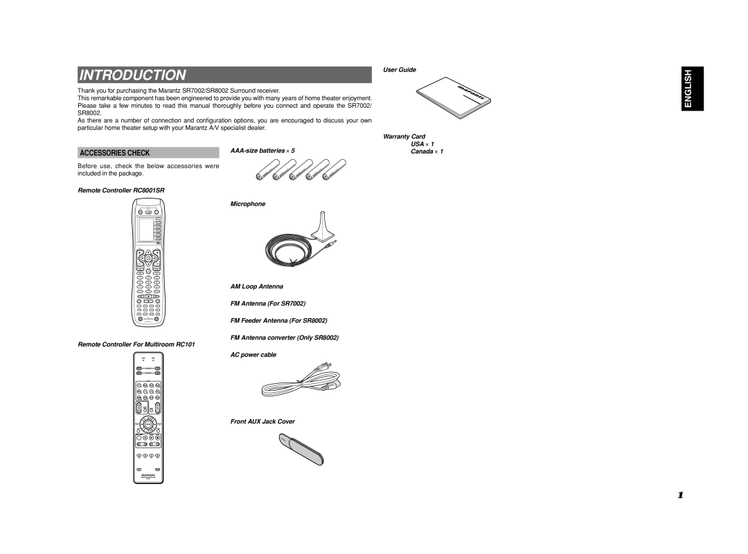 Marantz SR8002, SR7002 manual Introduction, Accessories Check, User Guide, Remote Controller RC8001SR 