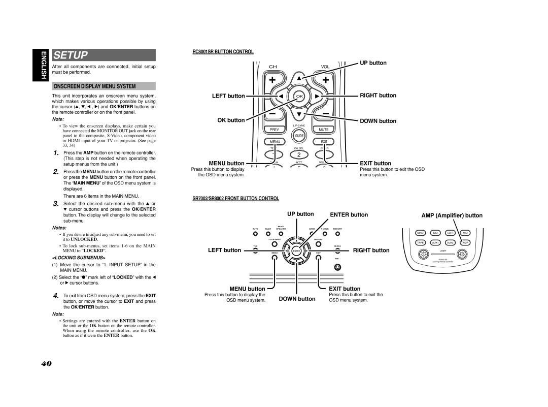 Marantz SR7002, SR8002 manual Setup, Onscreen Display Menu System 