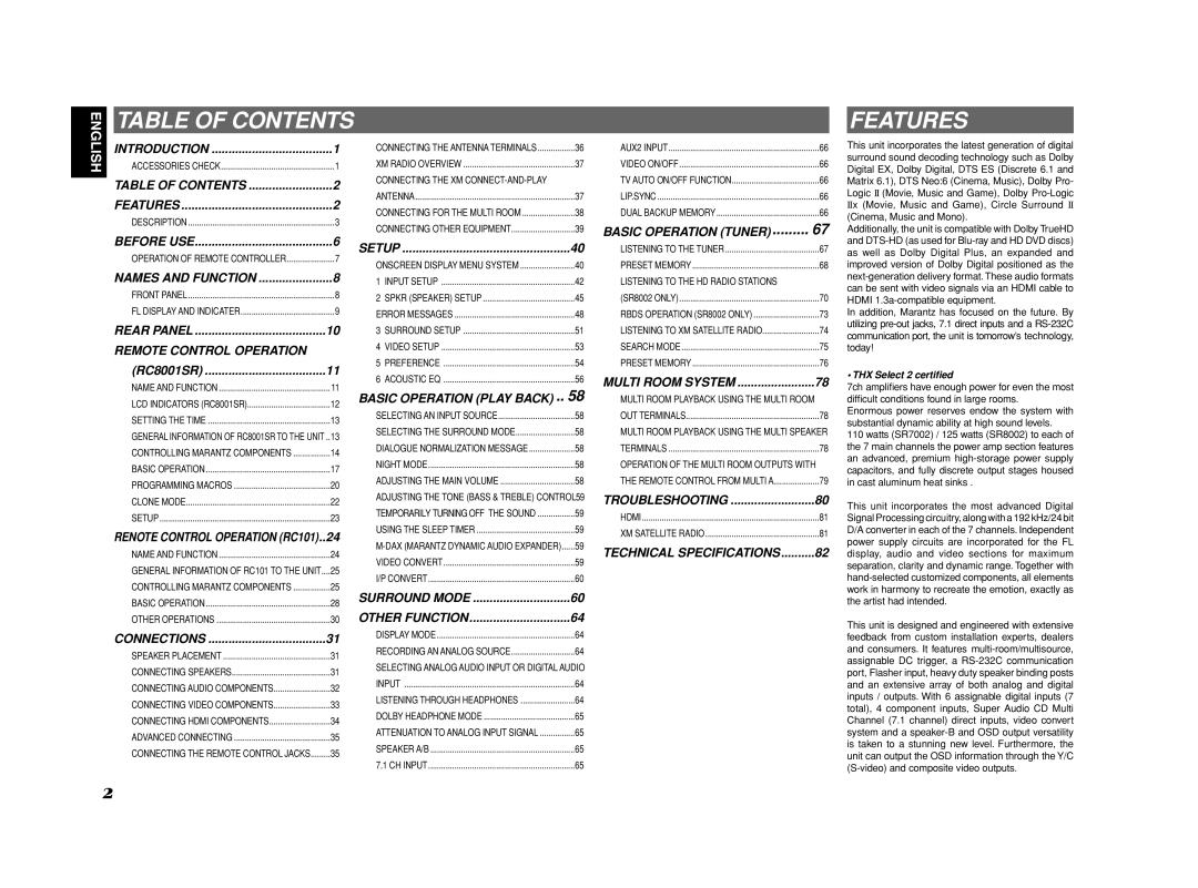 Marantz SR7002, SR8002 manual Table of Contents, Features 