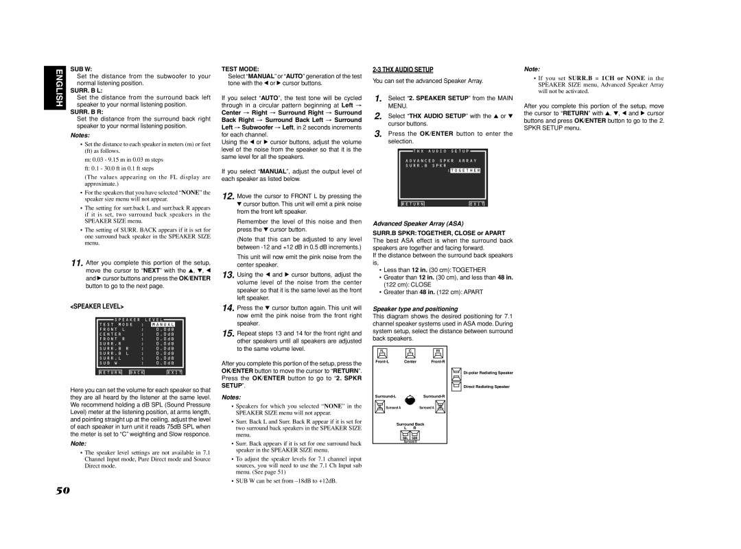 Marantz SR7002, SR8002 manual Speaker Level, THX Audio Setup, Advanced Speaker Array ASA, Speaker type and positioning 