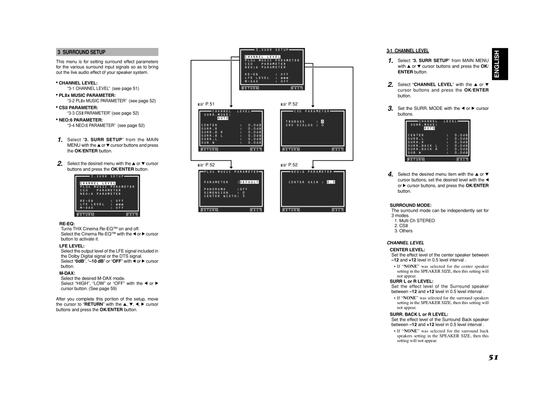 Marantz SR8002, SR7002 manual Surround Setup, Channel Level 