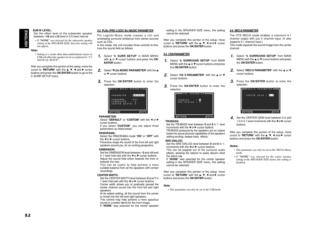 Marantz SR7002, SR8002 manual PLIIx PRO Logic IIx Music Parameter, Csiiparameter, NEO6 Parameter 