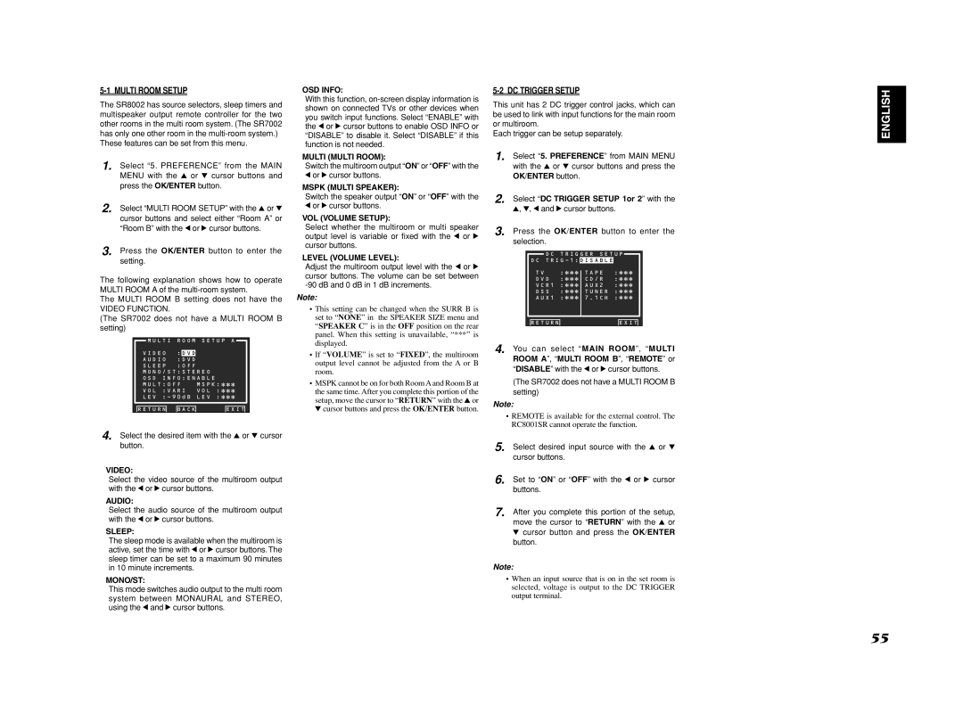 Marantz SR8002, SR7002 manual Multi Room Setup, DC Trigger Setup 