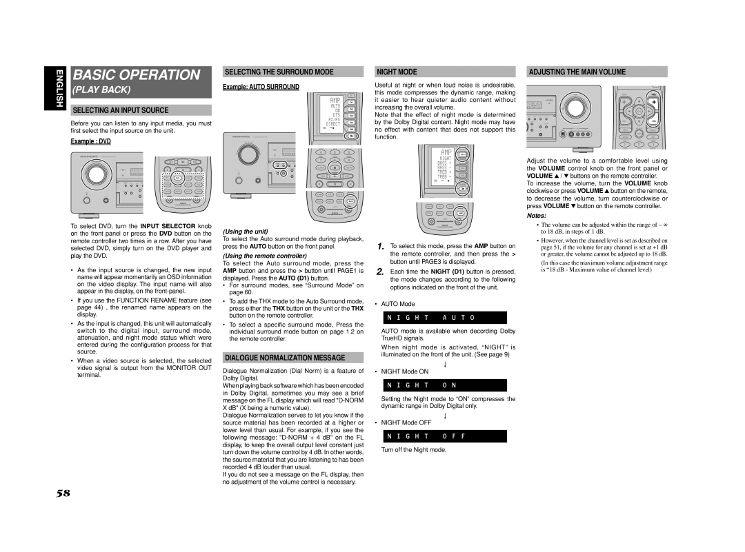 Marantz SR7002, SR8002 manual Selecting the Surround Mode, Dialogue Normalization Message, Example DVD Example Auto Surround 