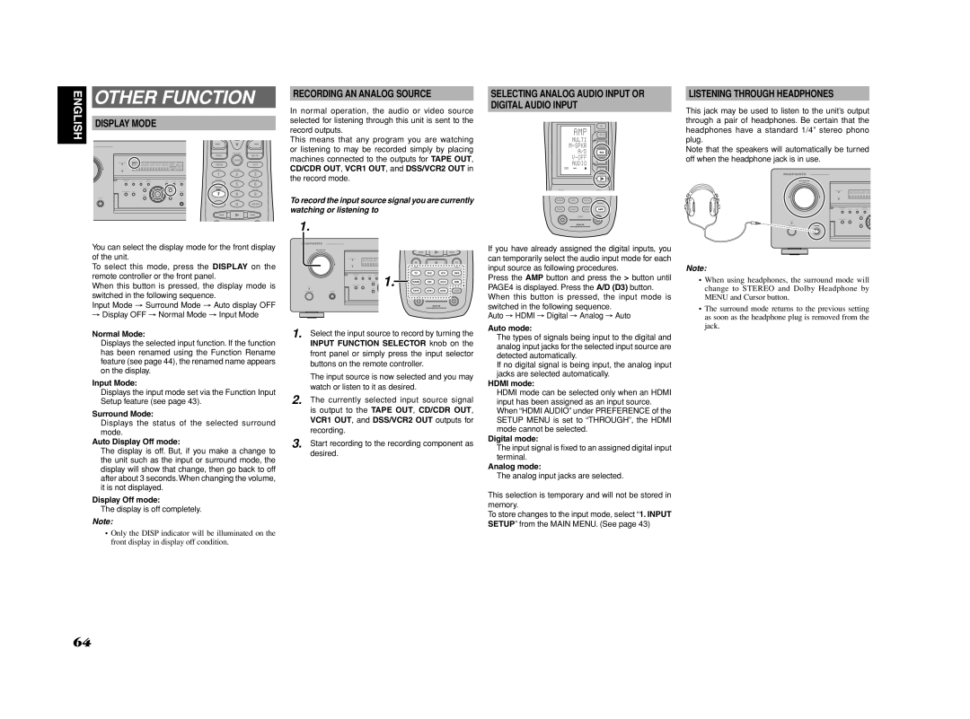 Marantz SR7002, SR8002 manual Recording AN Analog Source, Selecting Analog Audio Input or Digital Audio Input 