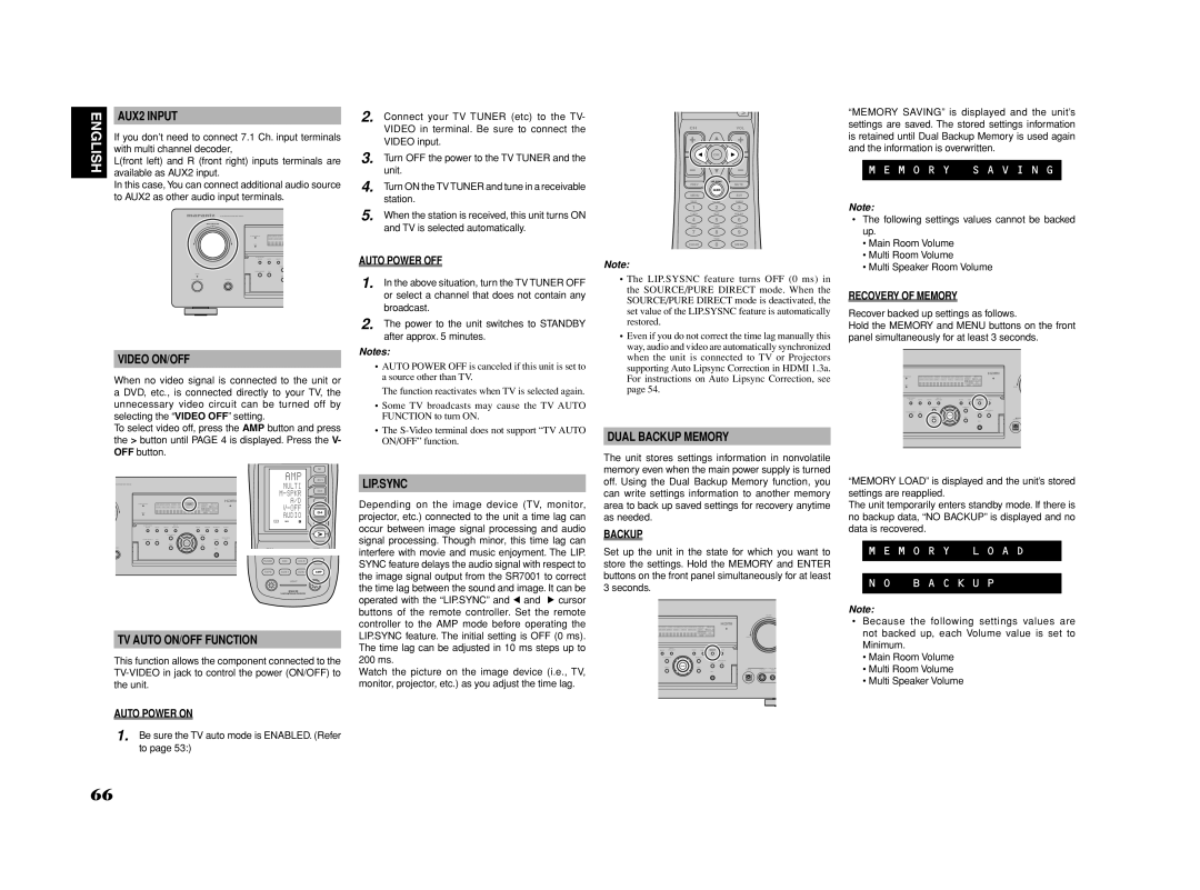 Marantz SR7002, SR8002 manual AUX2 Input, Video ON/OFF, Dual Backup Memory, Lip.Sync, TV Auto ON/OFF Function 