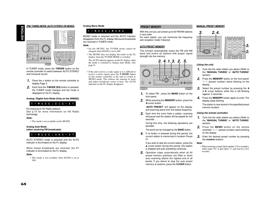 Marantz SR7002, SR8002 manual FM Tuning Mode Auto Stereo or Mono, Auto Preset Memory, Manual Preset Memory 