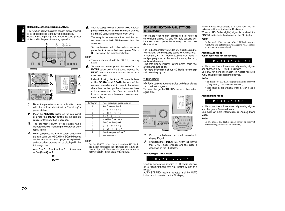 Marantz SR7002 manual For Listening to HD Radio Stations SR8002 only, Than 2 seconds, → Down, Analog/Digital Auto Mode 