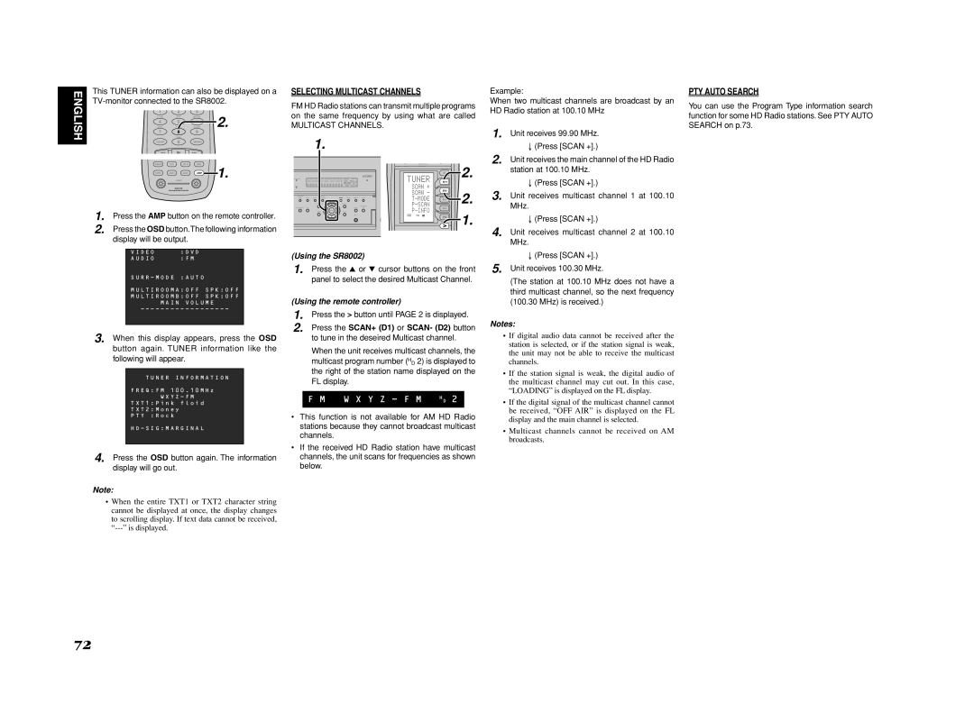 Marantz SR7002, SR8002 manual Selecting Multicast Channels, PTY Auto Search, Press the SCAN+ D1 or SCAN- D2 button 