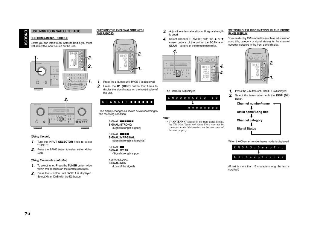 Marantz SR7002, SR8002 manual Listening to XM Satellite Radio, Selecting AN Input Source, Signal Marginal, Signal NON 