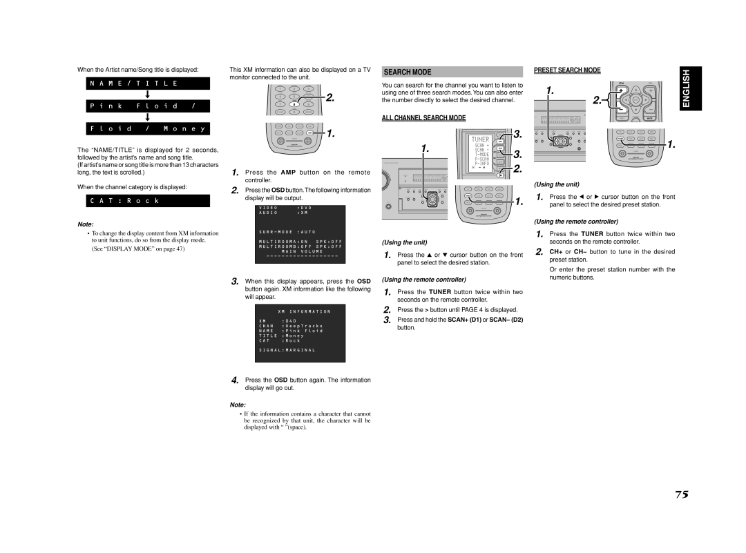 Marantz SR8002, SR7002 manual Preset Search Mode, ALL Channel Search Mode, When the Artist name/Song title is displayed 