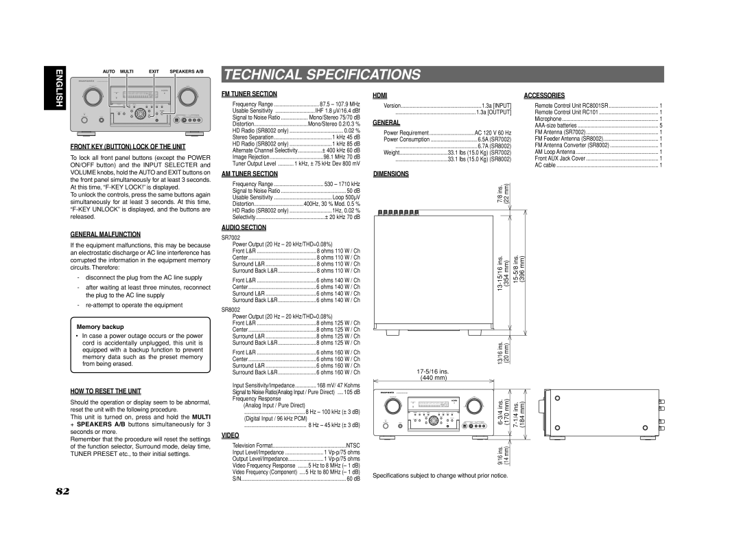 Marantz SR7002 Front KEY Button Lock of the Unit, FM Tuner Section, Hdmi, Accessories, General Malfunction, Video 