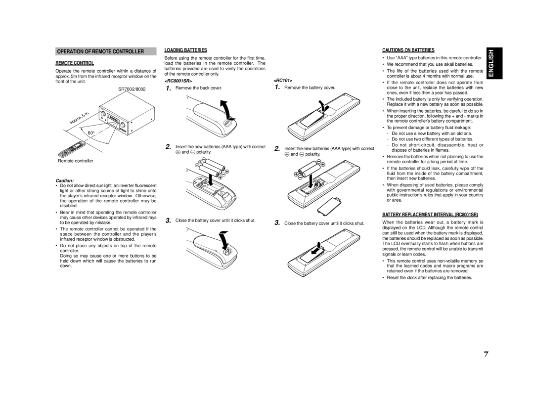 Marantz SR8002, SR7002 manual Operation of Remote Controller, Loading Batteries, Battery Replacement Interval RC8001SR 