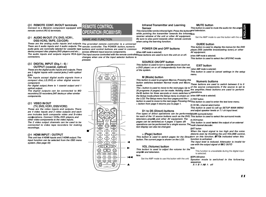 Marantz SR8002, SR7002 manual Remote Control, @1AUDIO IN/OUT TV, DVD, VCR1, DSS/VCR2, TAPE, CD/CDR, @4HDMI Input / Output 