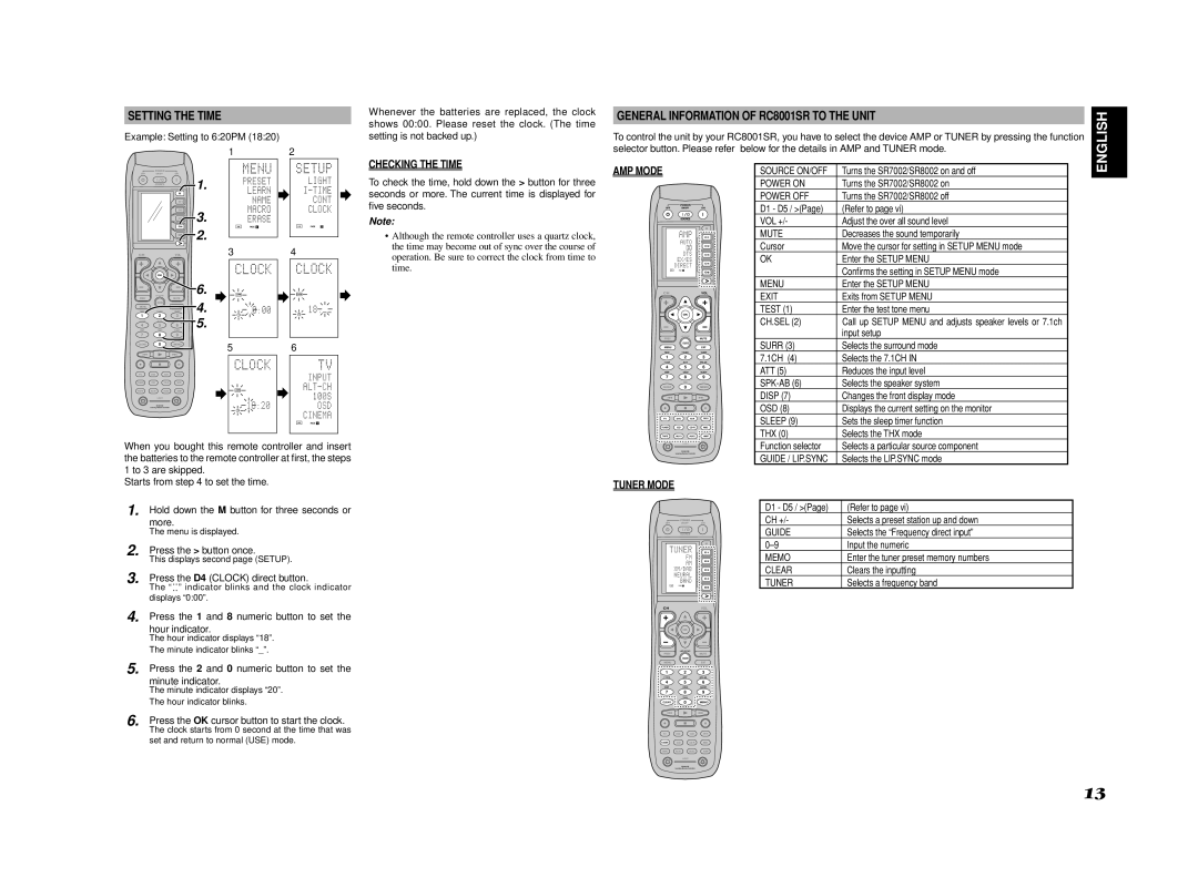 Marantz SR8002, SR7002 manual Setting the Time, General Information of RC8001SR to the Unit, Checking the Time, Tuner Mode 