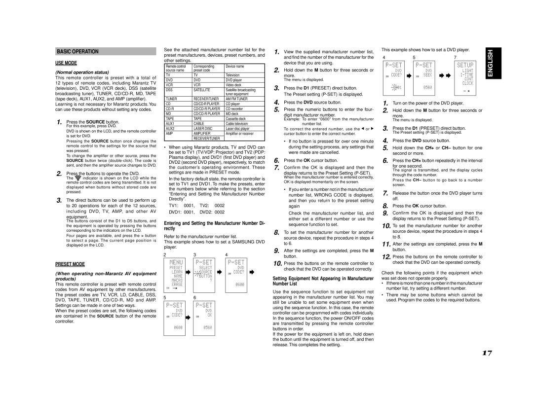 Marantz SR8002, SR7002 Basic Operation, USE Mode, Preset Mode, Entering and Setting the Manufacturer Number Di- rectly 