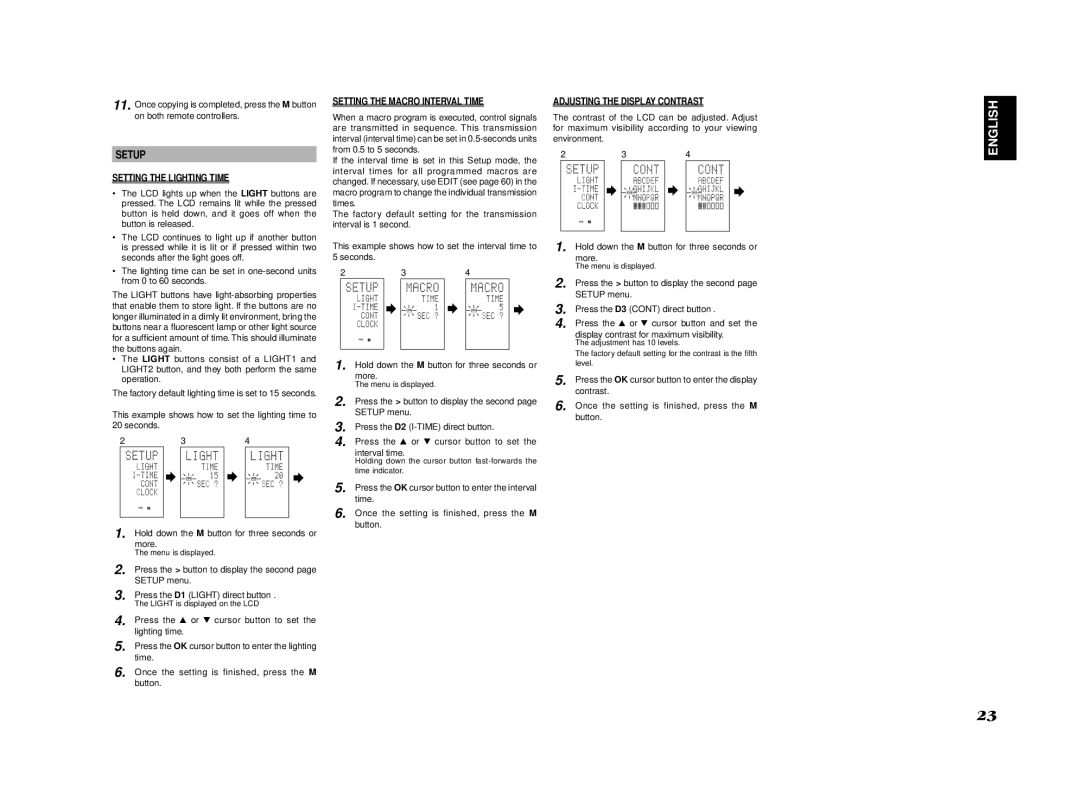 Marantz SR8002, SR7002 Setup, Setting the Lighting Time, Setting the Macro Interval Time, Adjusting the Display Contrast 