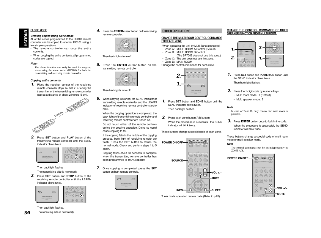 Marantz SR7002 Other Operations, Change the Multi Room Control Commands for Each Zone, Creating copies using clone mode 