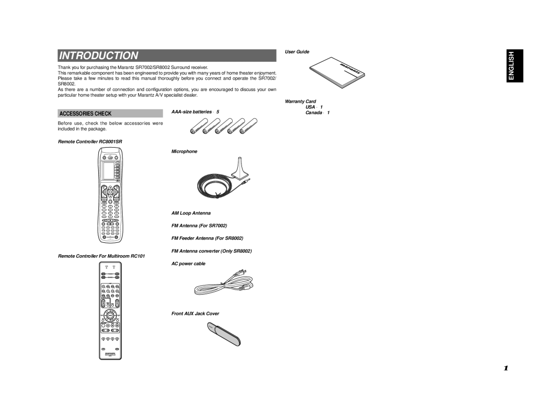 Marantz SR8002, SR7002 manual Introduction, Accessories Check, User Guide, Remote Controller RC8001SR 