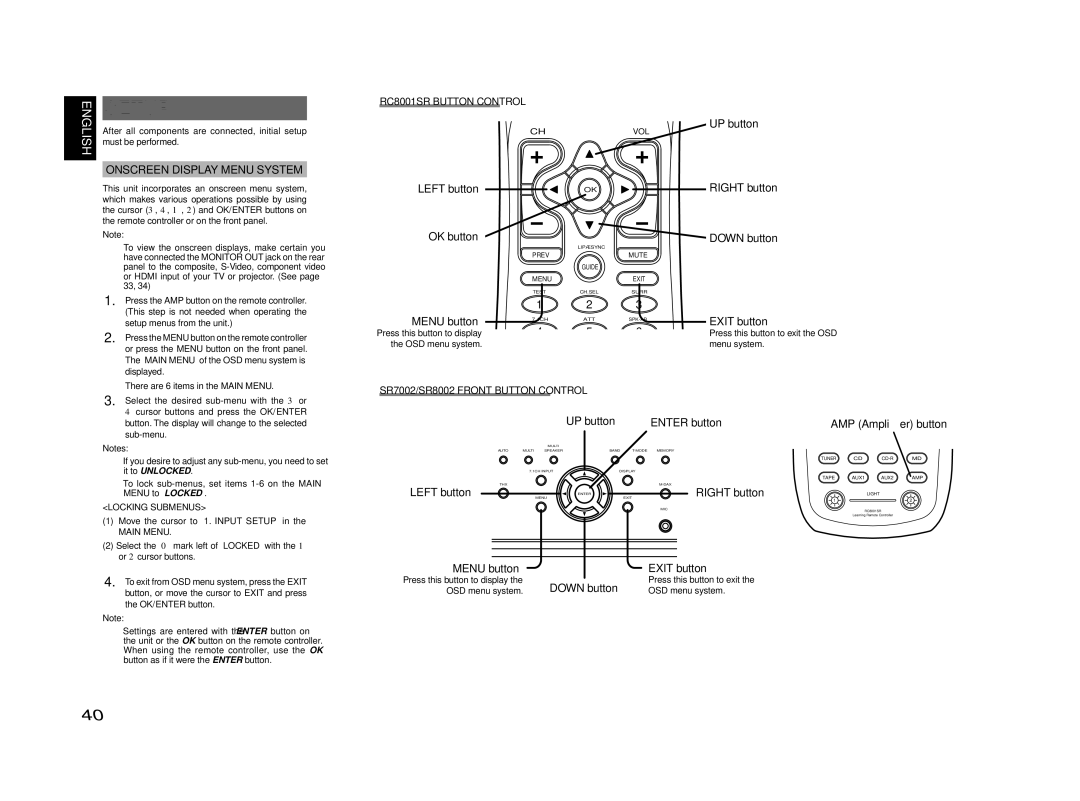 Marantz SR7002, SR8002 manual Setup, Onscreen Display Menu System 