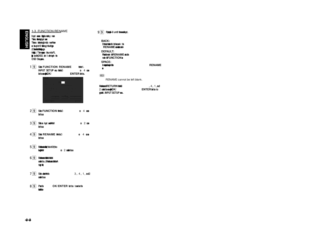 Marantz SR7002, SR8002 manual Function Rename, Back, Default, Space, Inserts a space at the cursor point of the Rename area 