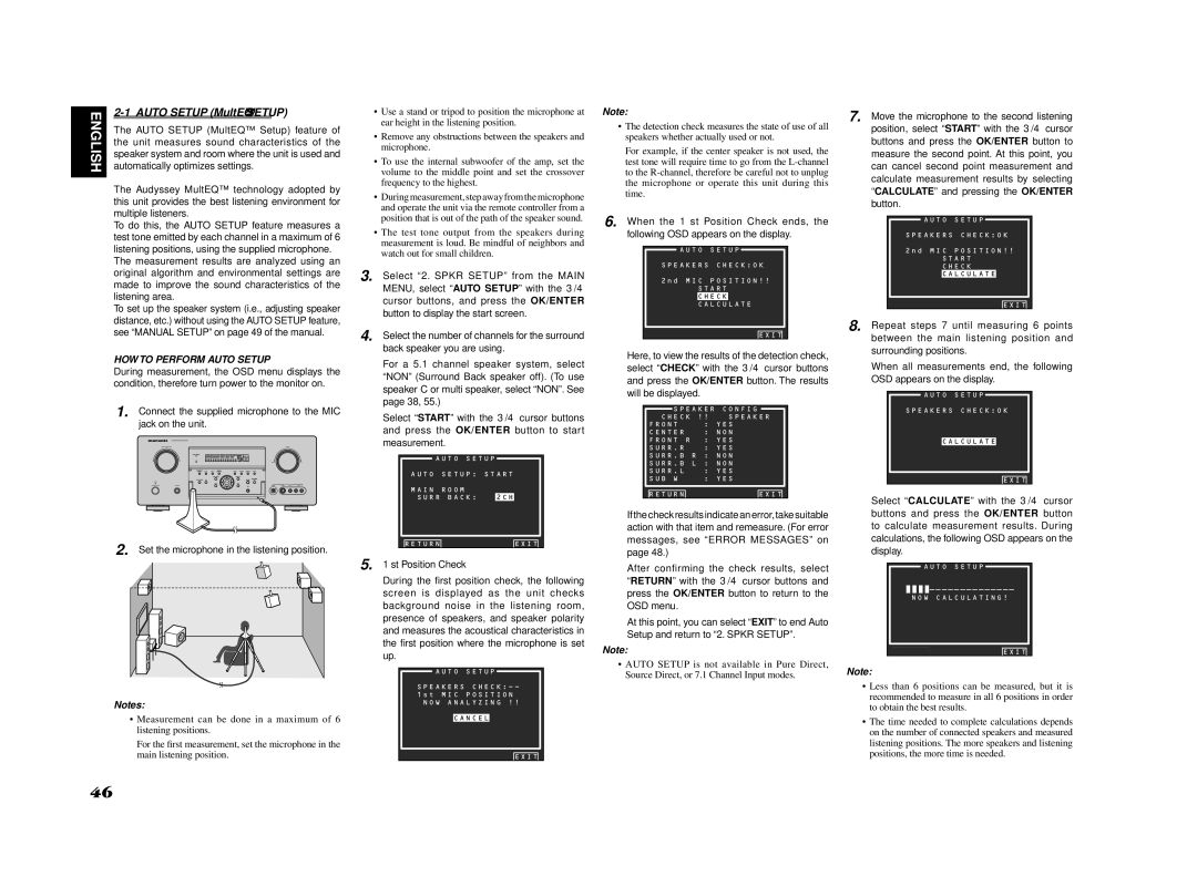 Marantz SR7002 Auto Setup MultEQ Setup feature, Unit measures sound characteristics, Automatically optimizes settings 