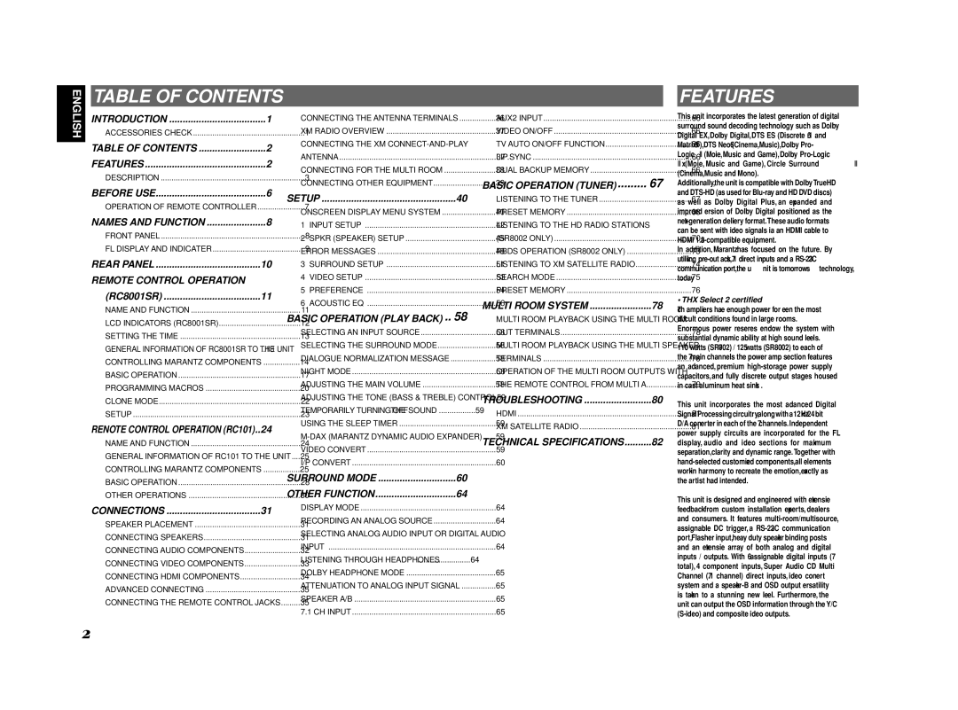 Marantz SR7002, SR8002 manual Table of Contents, Features 