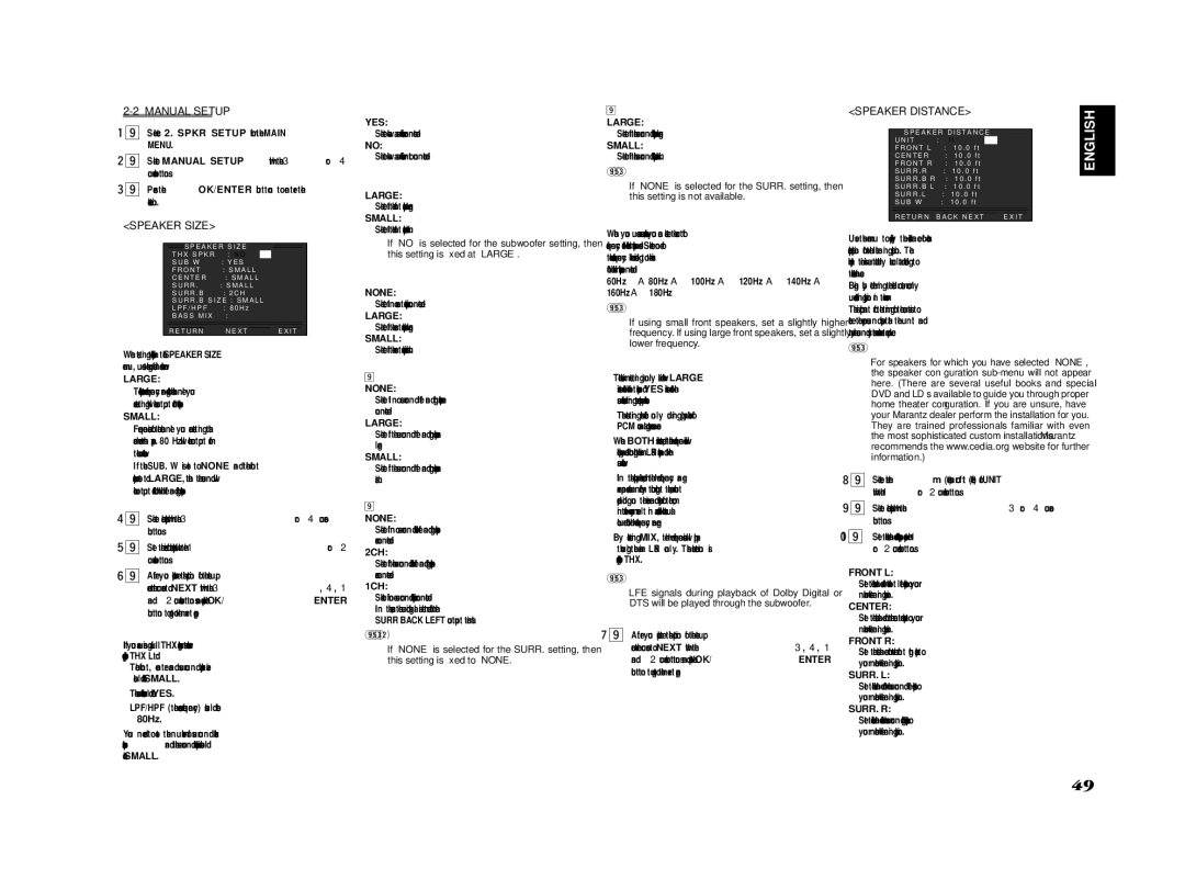 Marantz SR8002, SR7002 manual Manual Setup, Speaker Size, Speaker Distance 