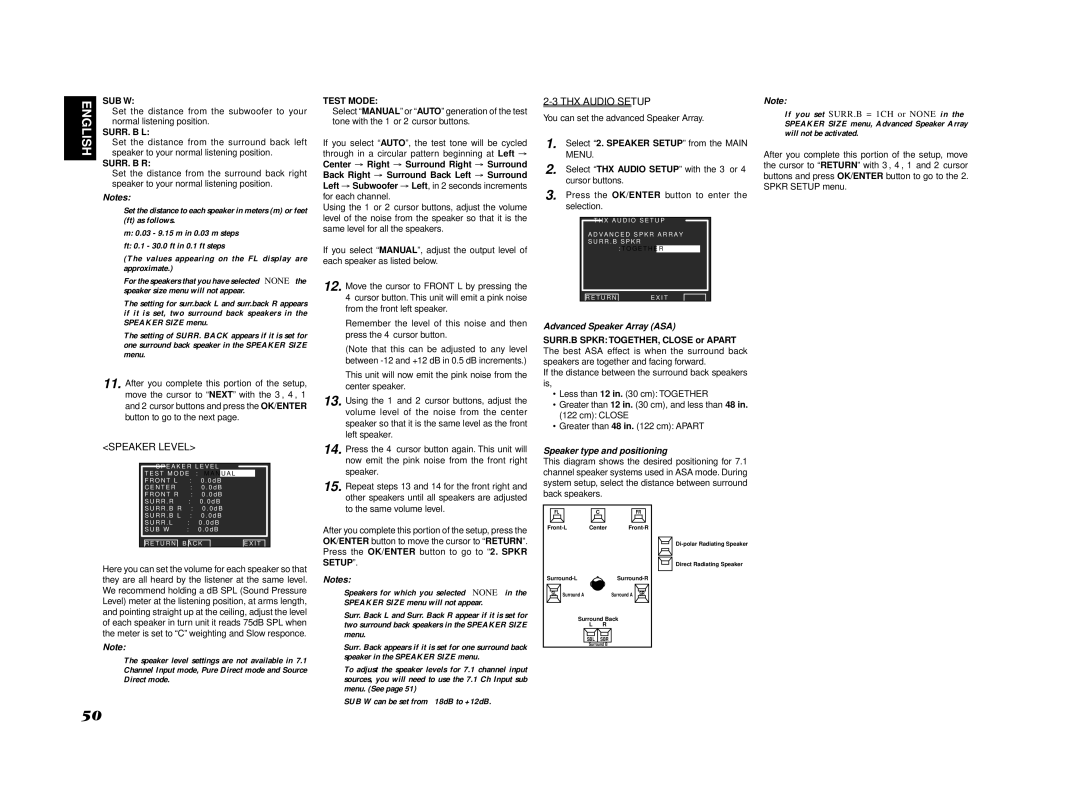 Marantz SR7002, SR8002 manual Speaker Level, THX Audio Setup, Advanced Speaker Array ASA, Speaker type and positioning 