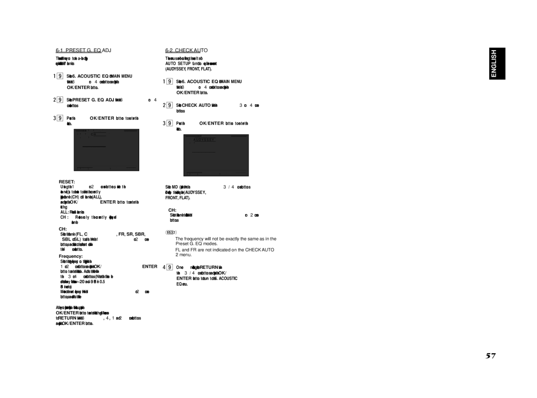Marantz SR8002, SR7002 manual Preset G. EQ ADJ, Check Auto, Reset, Frequency 