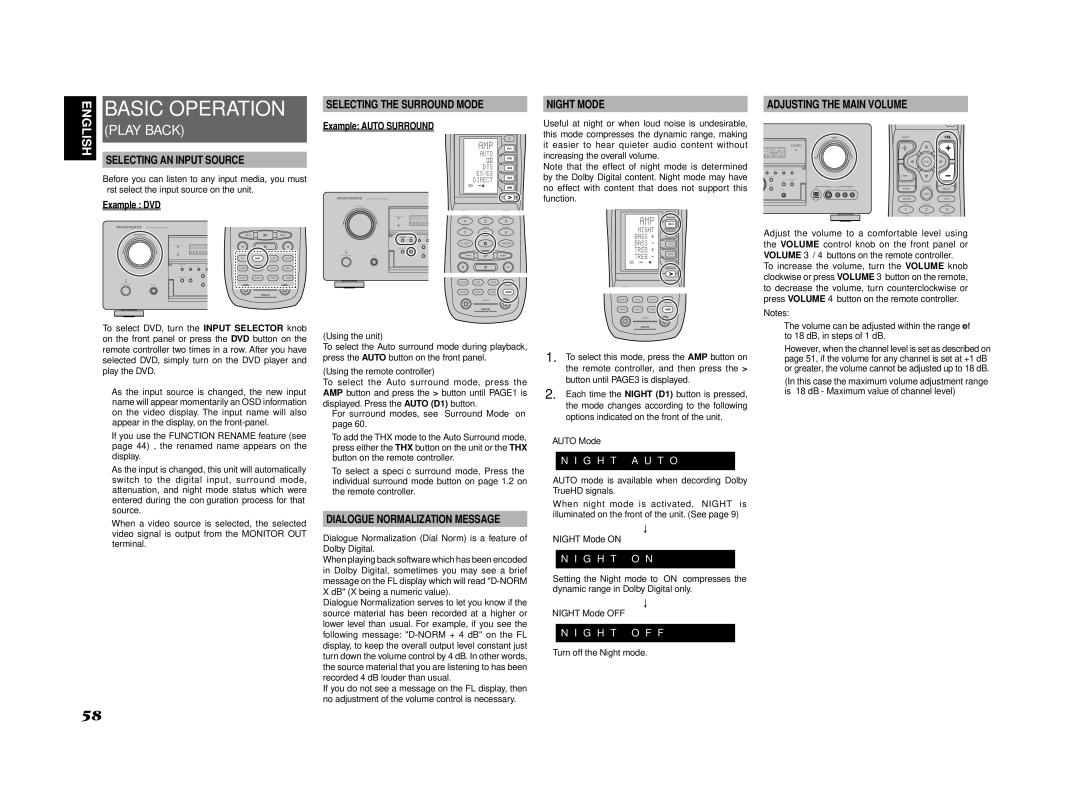 Marantz SR7002, SR8002 manual Selecting the Surround Mode, Dialogue Normalization Message, Example DVD Example Auto Surround 