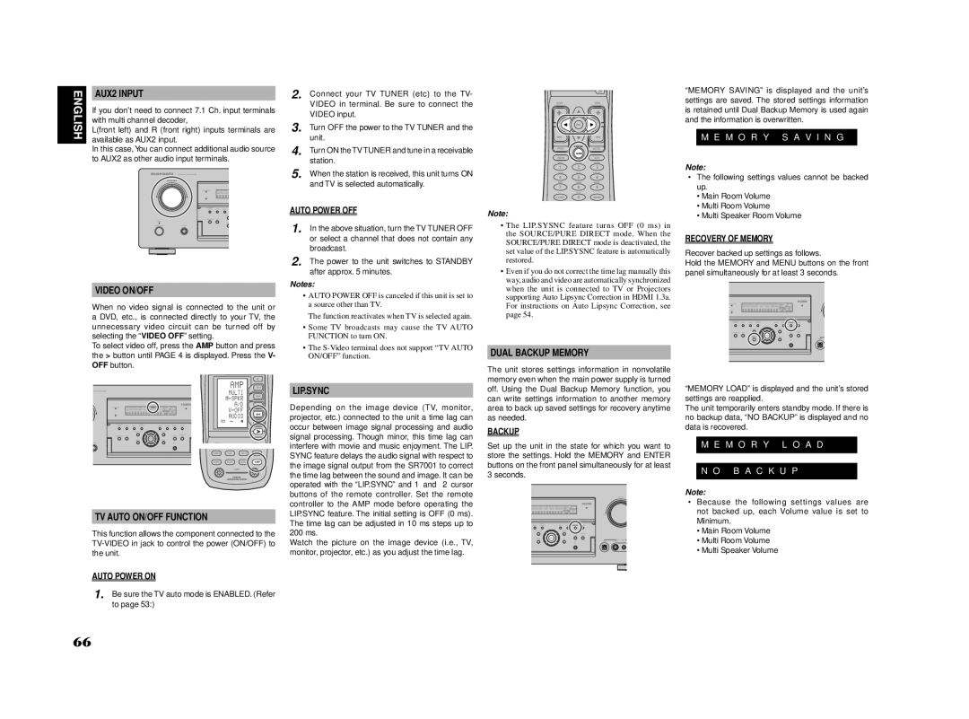 Marantz SR7002, SR8002 manual AUX2 Input, Video ON/OFF, Dual Backup Memory, Lip.Sync, TV Auto ON/OFF Function 