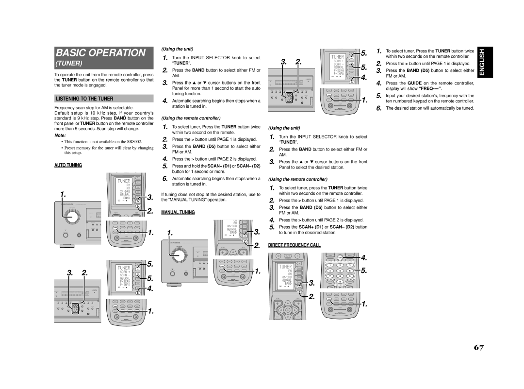 Marantz SR8002, SR7002 manual Basic Operation, Listening to the Tuner, Auto Tuning, Manual Tuning, Direct Frequency Call 