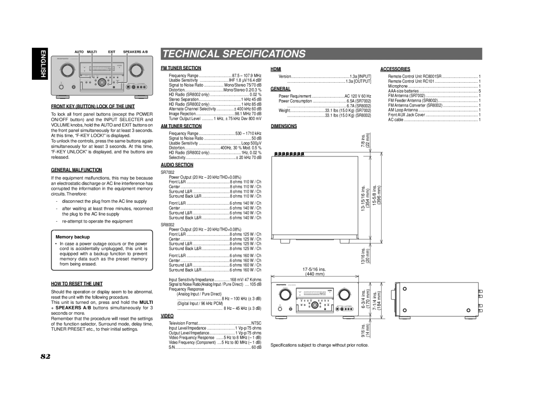 Marantz SR7002 Front KEY Button Lock of the Unit, FM Tuner Section, Hdmi, Accessories, General Malfunction, Video 