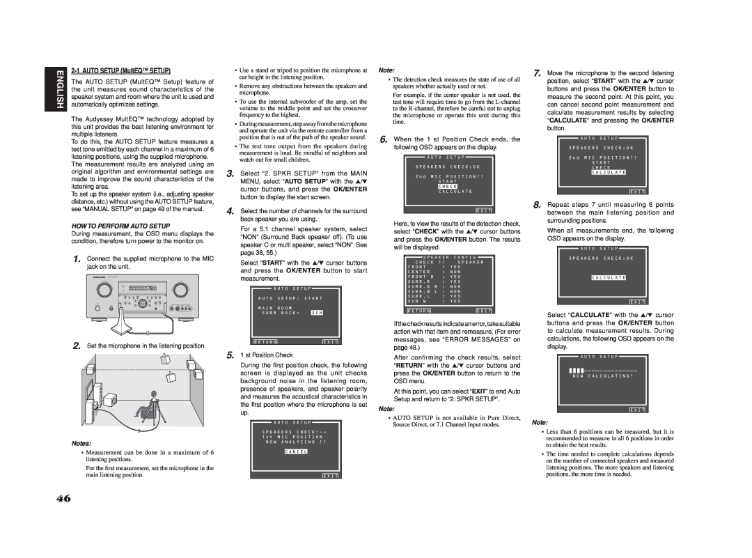 Marantz SR7002, SR8002 manual How To Perform Auto Setup, Notes 
