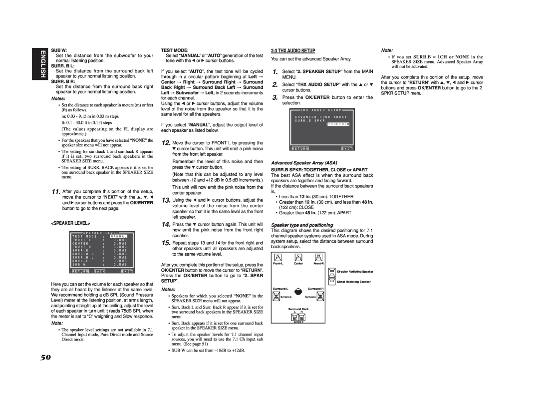 Marantz SR7002, SR8002 manual <Speaker Level>, 2-3THX AUDIO SETUP, Sub W, Surr. B L, Surr. B R, Notes, Test Mode 