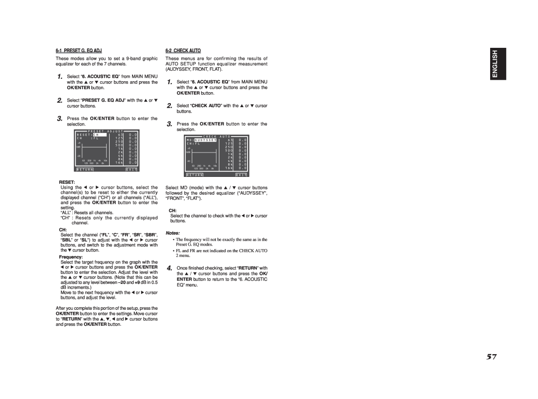Marantz SR8002, SR7002 manual English, 6-1PRESET G. EQ ADJ, 6-2CHECK AUTO, Reset, Frequency, Notes 