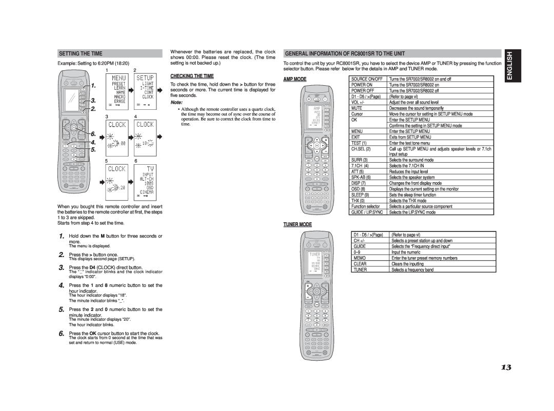 Marantz SR8002 manual 3 2 6 4 5, English, Setting The Time, GENERAL INFORMATION OF RC8001SR TO THE UNIT, Checking The Time 