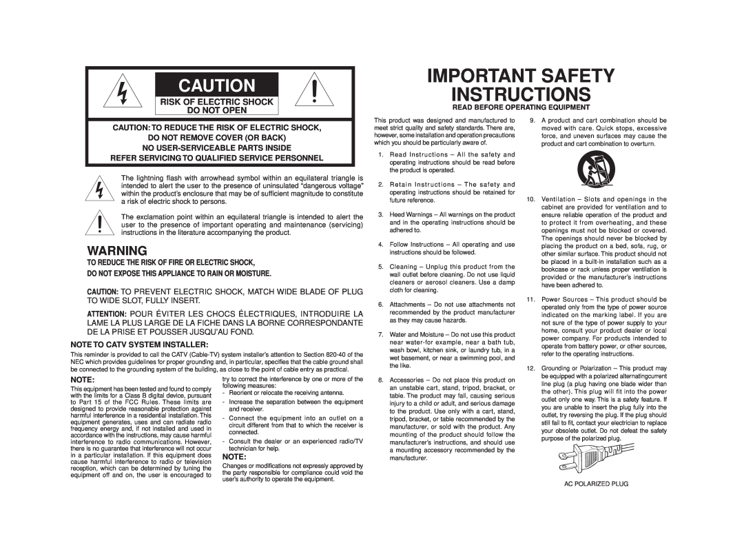 Marantz SR8002, SR7002 manual Important Safety Instructions, Risk Of Electric Shock Do Not Open 