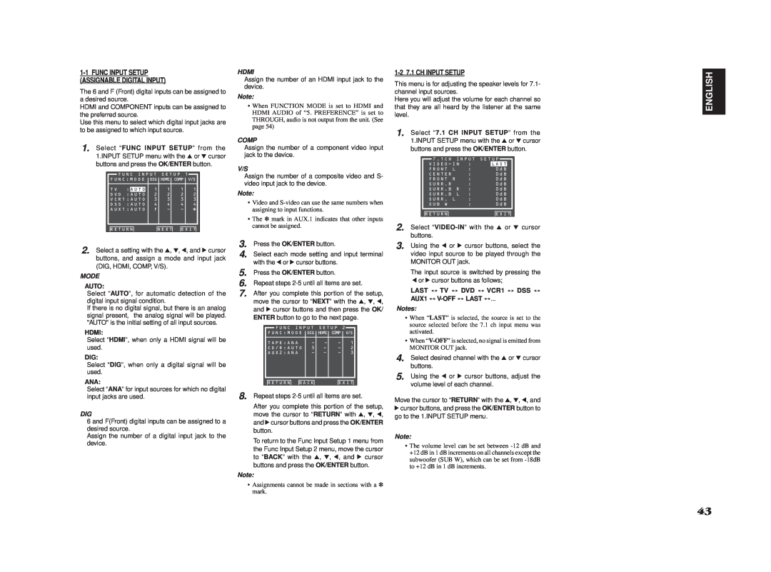 Marantz SR8002 manual English, 1-1FUNC INPUT SETUP ASSIGNABLE DIGITAL INPUT, Ch Input Setup, Mode, Auto, Hdmi, Comp, Notes 