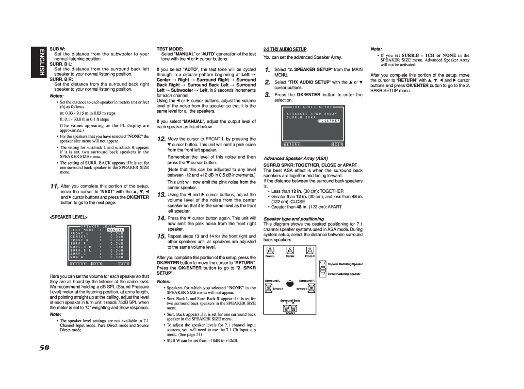 Marantz SR7002, SR8002 manual <Speaker Level>, 2-3THX AUDIO SETUP, Sub W, Surr. B L, Surr. B R, Notes, Test Mode, English 